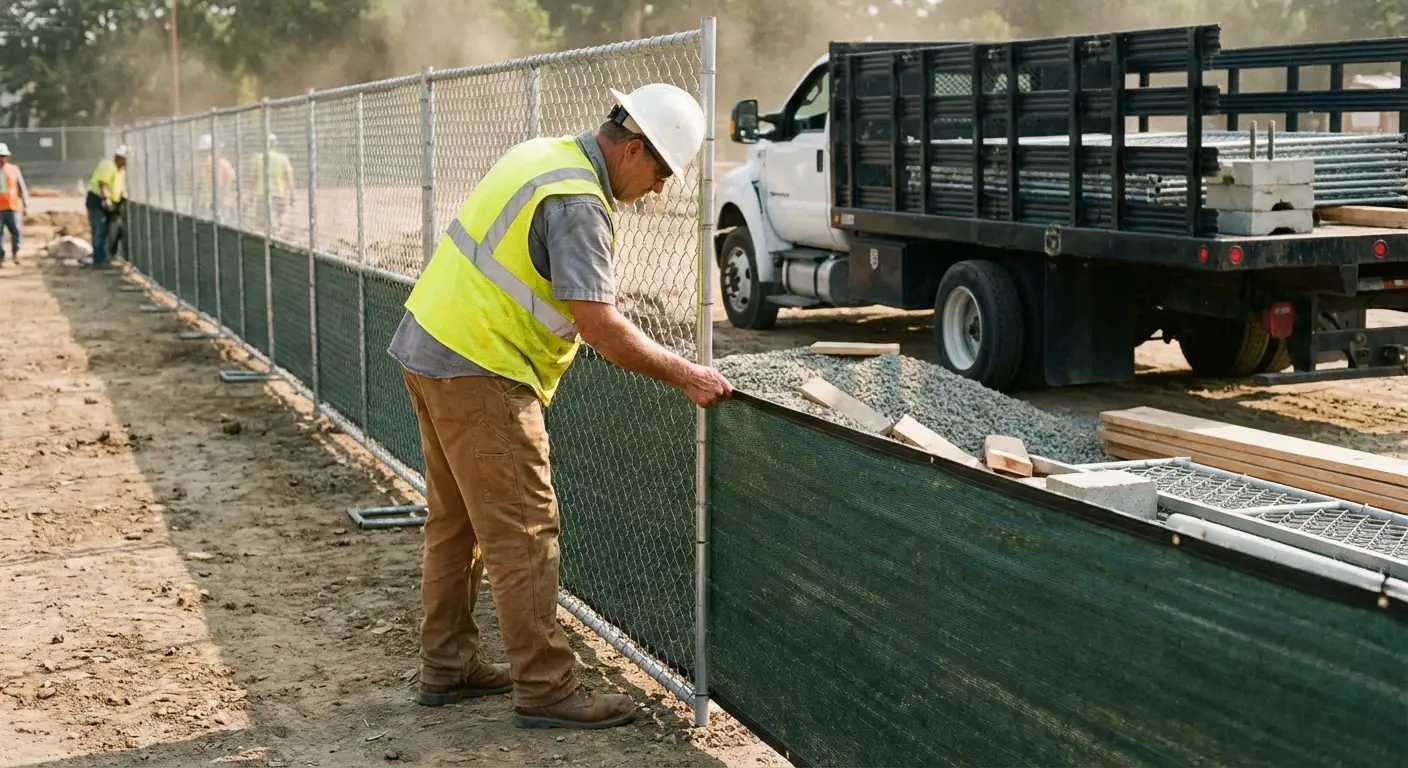Privacy windscreen installation on construction fence in Greenwich, CT
